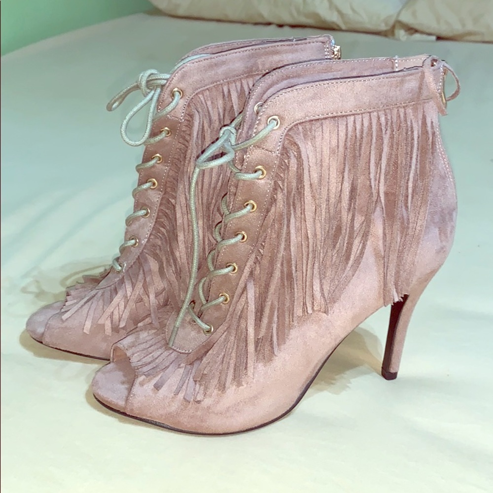 Forever fringe booties/heel boho chic nude